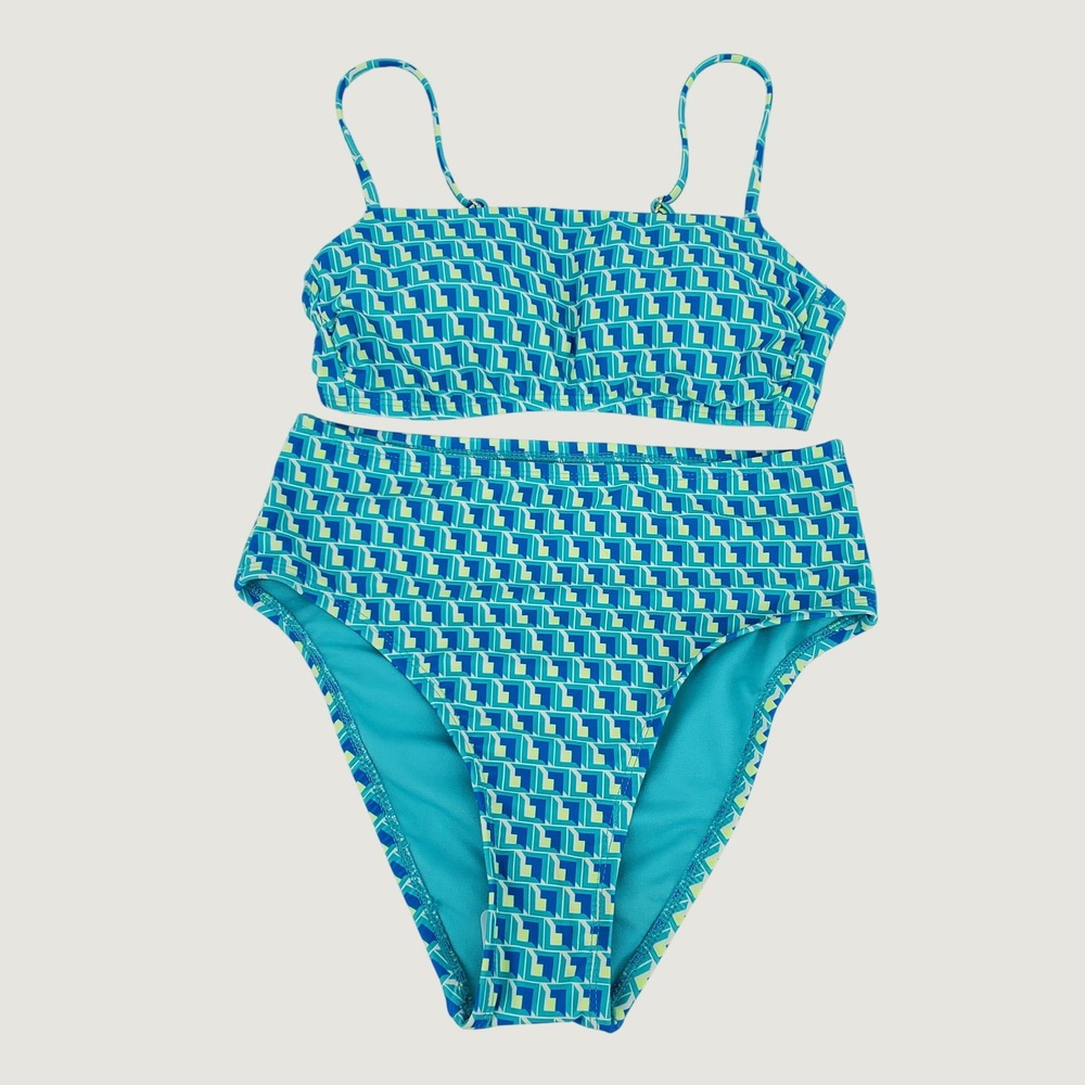 Time and Tru High Waist High Leg Bikini Bralette Top XS 0-2 Blue Geometric Lined